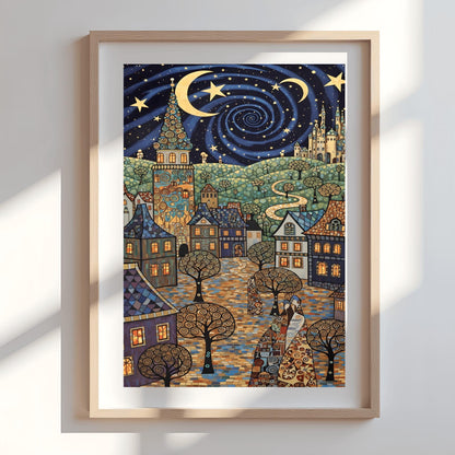 Gustav Klimt Village Night Print Moon & Stars Fine Art Poster