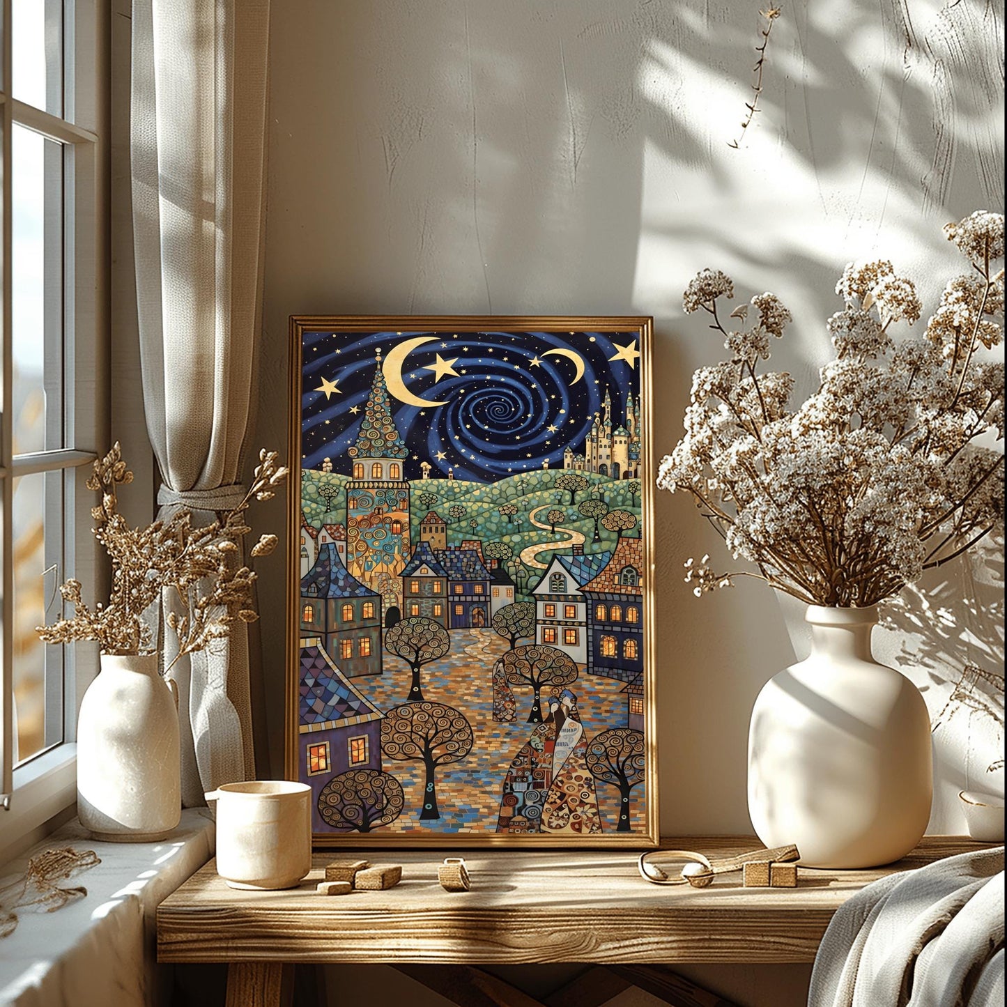 Gustav Klimt Village Night Print Moon & Stars Fine Art Poster
