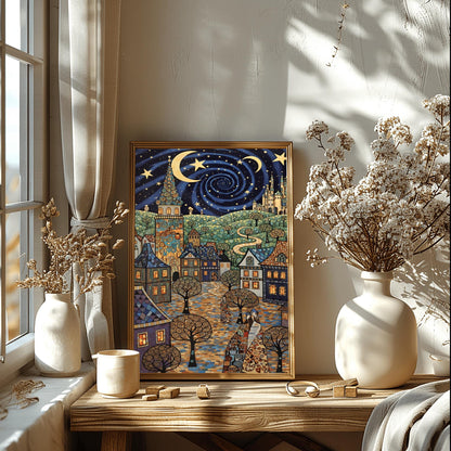 Gustav Klimt Village Night Print Moon & Stars Fine Art Poster
