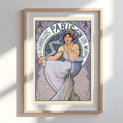 Alfons Mucha 'Los Cigarrillos Paris' Poster, Art Nouveau Spanish Advertising Print, Vintage Wall Art