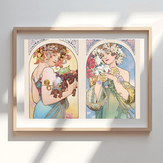 Alfons Mucha 'Fruit & Flower' Diptych Poster, Art Nouveau Print, Vintage Wall Art