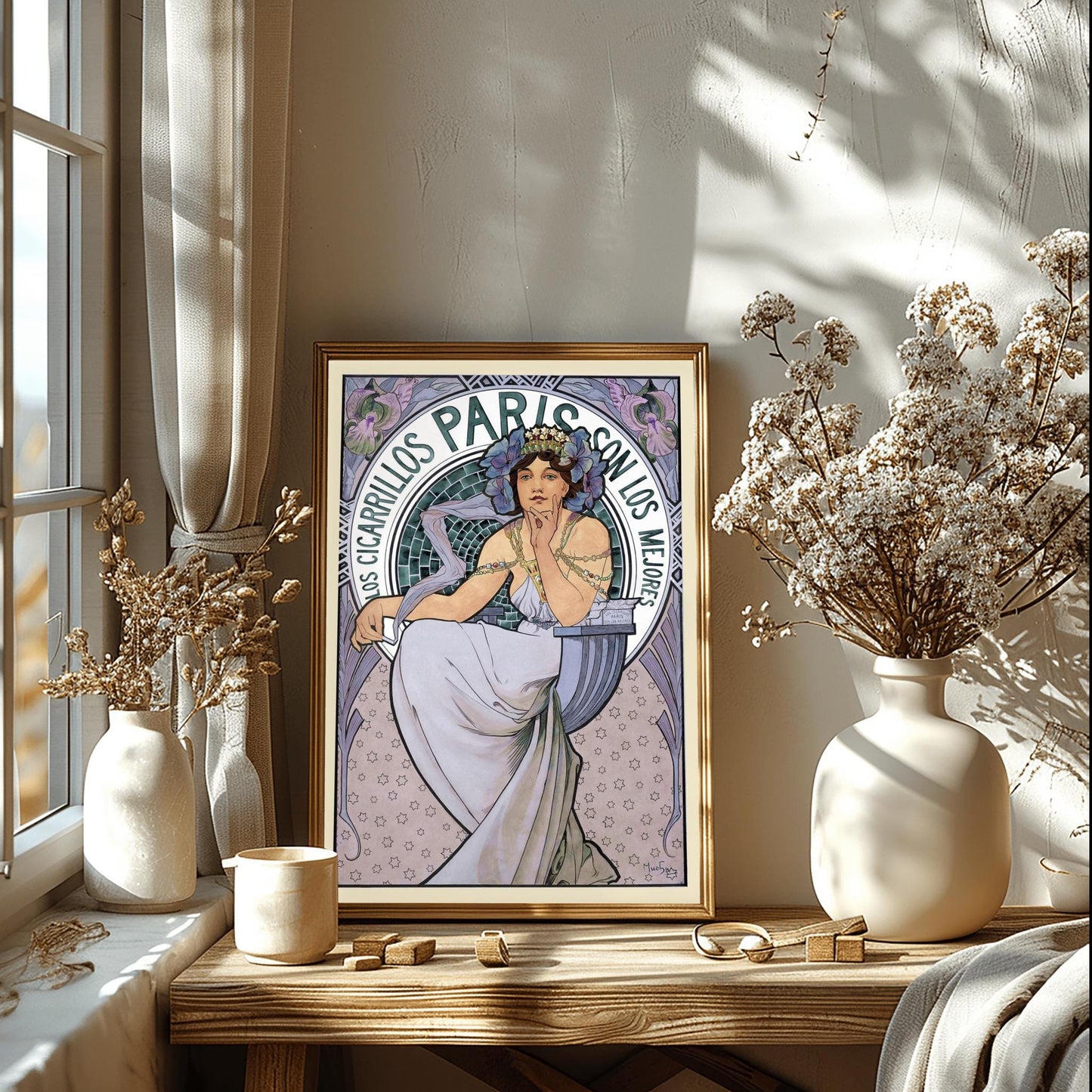 Alfons Mucha 'Los Cigarrillos Paris' Poster, Art Nouveau Spanish Advertising Print, Vintage Wall Art