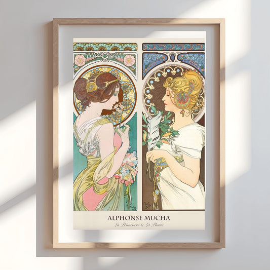 Alfons Mucha 'Primrose & Feather' Poster, Art Nouveau Diptych Print, Vintage Wall Art