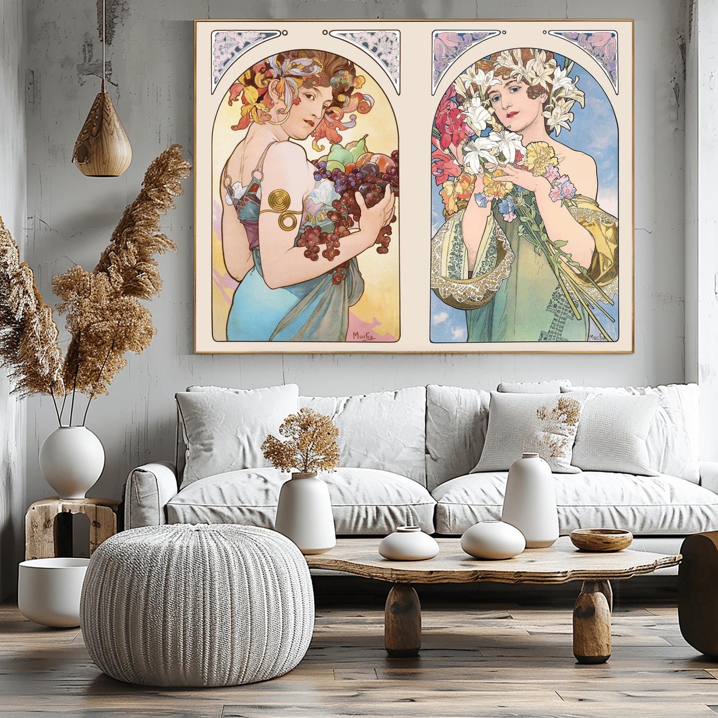 Alfons Mucha 'Fruit & Flower' Diptych Poster, Art Nouveau Print, Vintage Wall Art