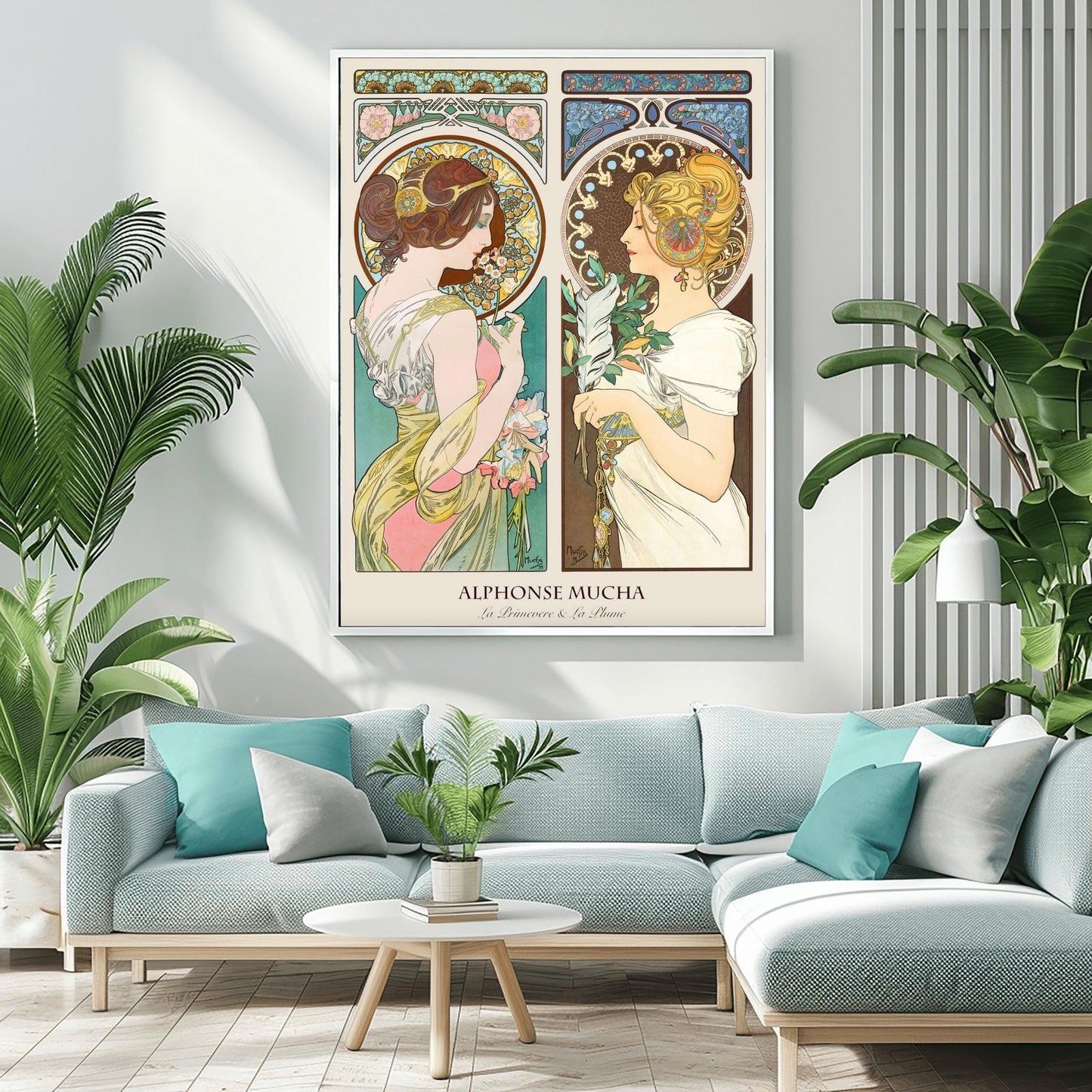 Alfons Mucha 'Primrose & Feather' Poster, Art Nouveau Diptych Print, Vintage Wall Art