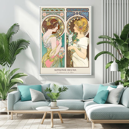 Alfons Mucha 'Primrose & Feather' Poster, Art Nouveau Diptych Print, Vintage Wall Art