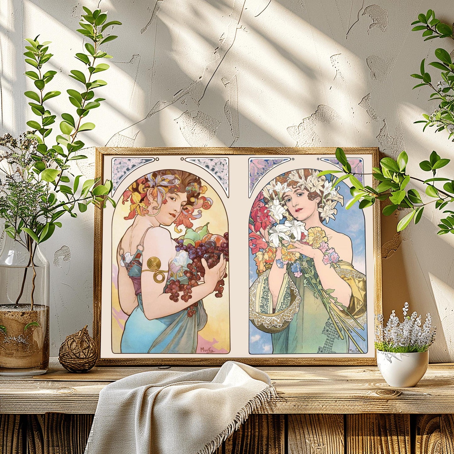 Alfons Mucha 'Fruit & Flower' Diptych Poster, Art Nouveau Print, Vintage Wall Art