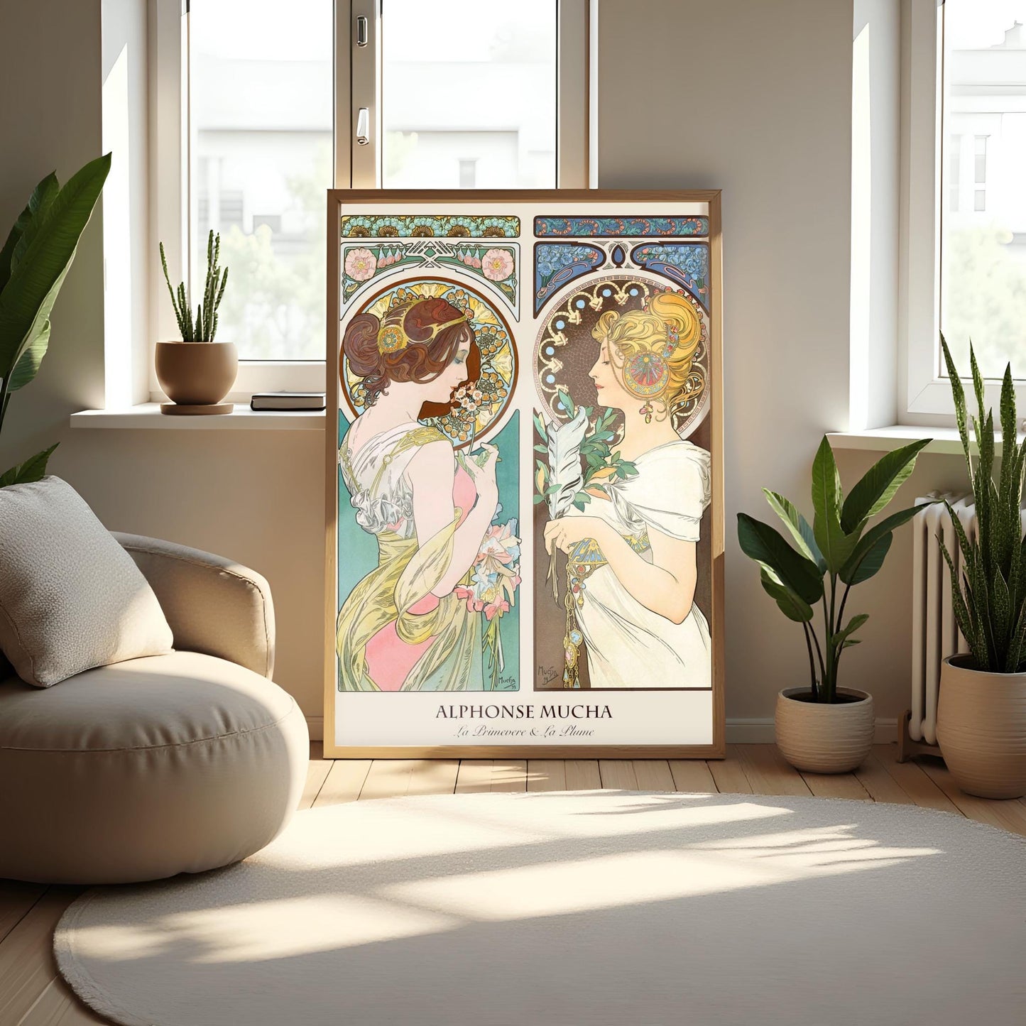 Alfons Mucha 'Primrose & Feather' Poster, Art Nouveau Diptych Print, Vintage Wall Art