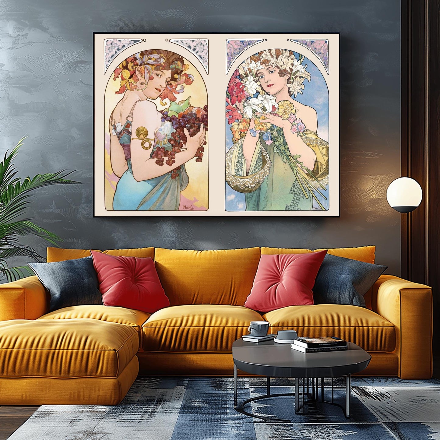 Alfons Mucha 'Fruit & Flower' Diptych Poster, Art Nouveau Print, Vintage Wall Art