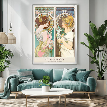 Alfons Mucha 'Primrose & Feather' Poster, Art Nouveau Diptych Print, Vintage Wall Art