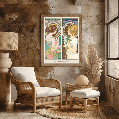 Alfons Mucha 'Primrose & Feather' Poster, Art Nouveau Diptych Print, Vintage Wall Art