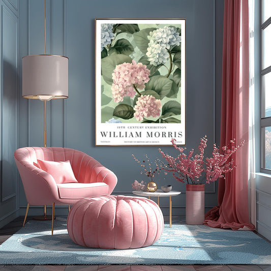 William Morris Print Vintage Poster Pink Hydrangea Wall Art Exhibition Print Textiles Home Decor