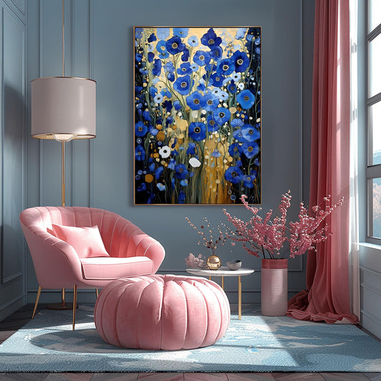 Gustav Klimt Blue Flower Garden Print: Museum Exhibition Art Poster