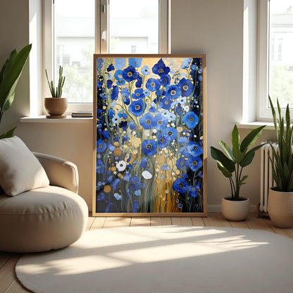 Gustav Klimt Blue Flower Garden Print: Museum Exhibition Art Poster
