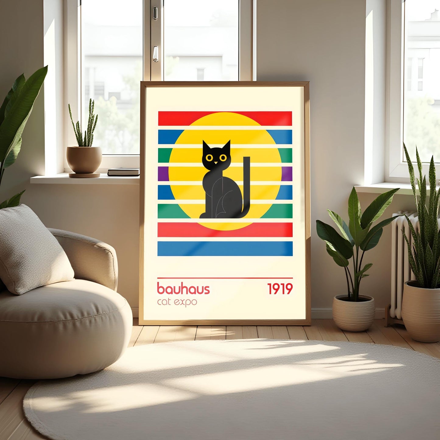 Bauhaus Black Cat Art Print: Mid-Century Modern Wall Decor