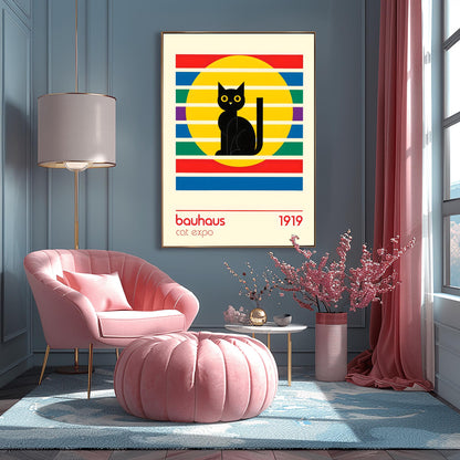 Bauhaus Black Cat Art Print: Mid-Century Modern Wall Decor