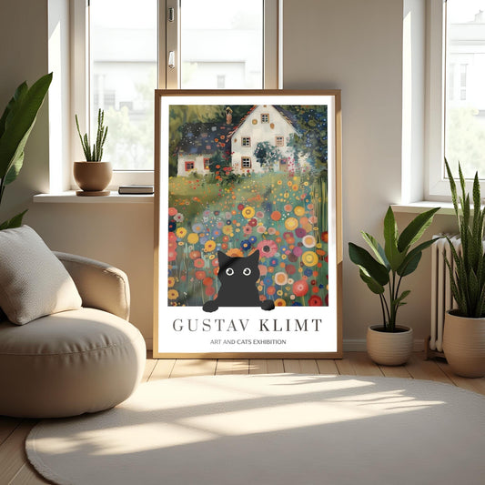 Klimt Black Cat Floral Print: Art Nouveau Poster, Cat Lover Gift