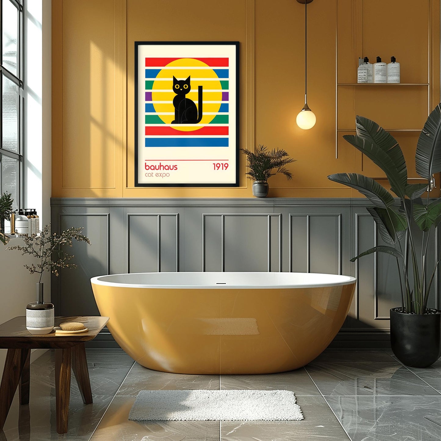 Bauhaus Black Cat Art Print: Mid-Century Modern Wall Decor