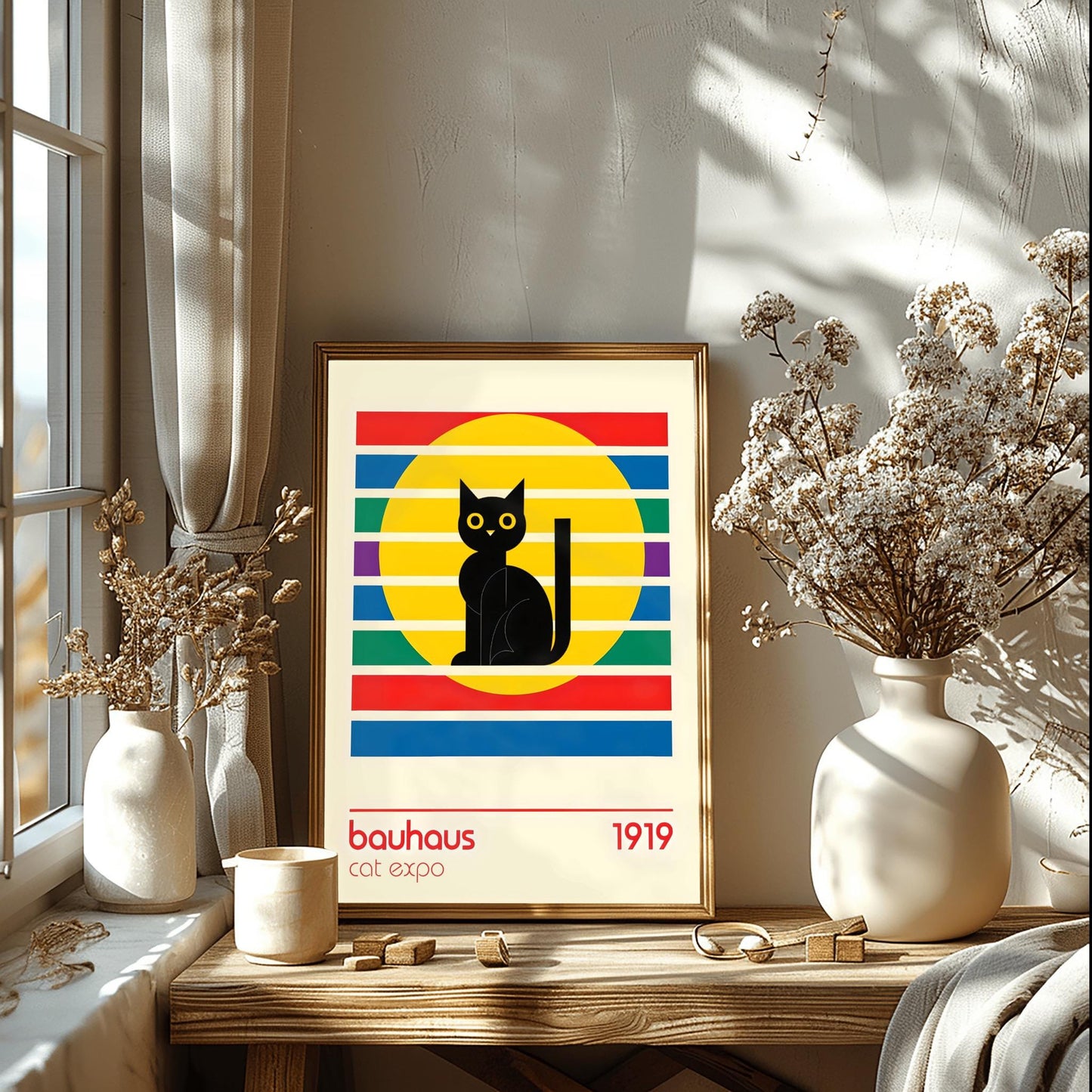 Bauhaus Black Cat Art Print: Mid-Century Modern Wall Decor