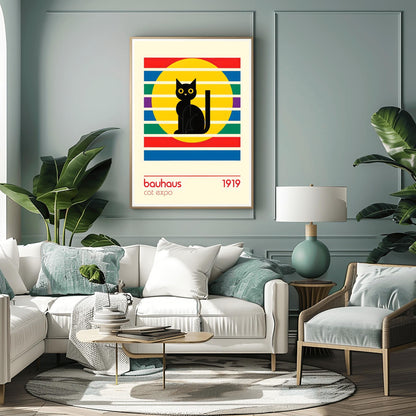 Bauhaus Black Cat Art Print: Mid-Century Modern Wall Decor