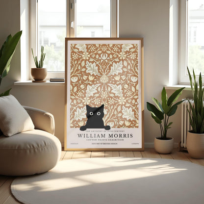 William Morris Cat Print: Arts & Crafts Floral Poster, Black Cat Art