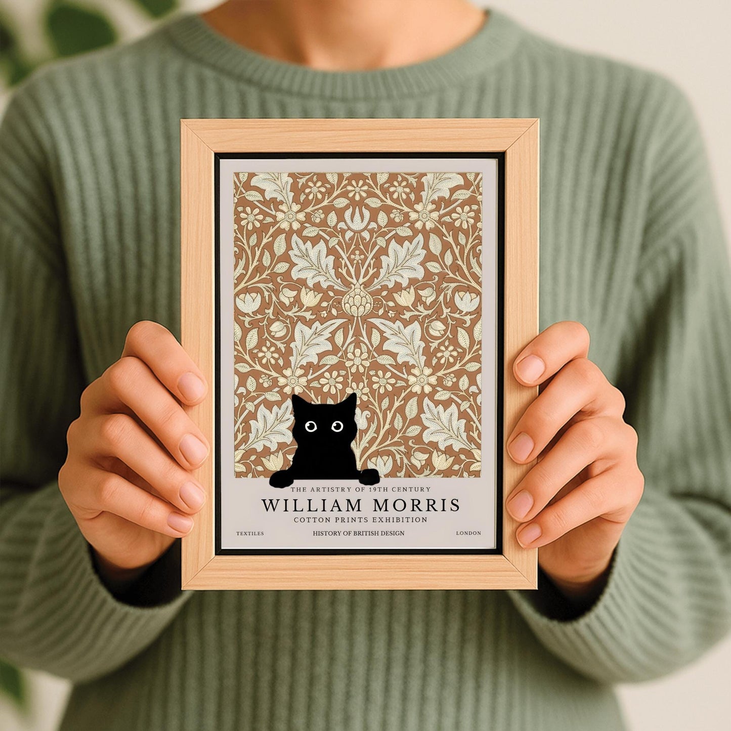 William Morris Cat Print: Arts & Crafts Floral Poster, Black Cat Art