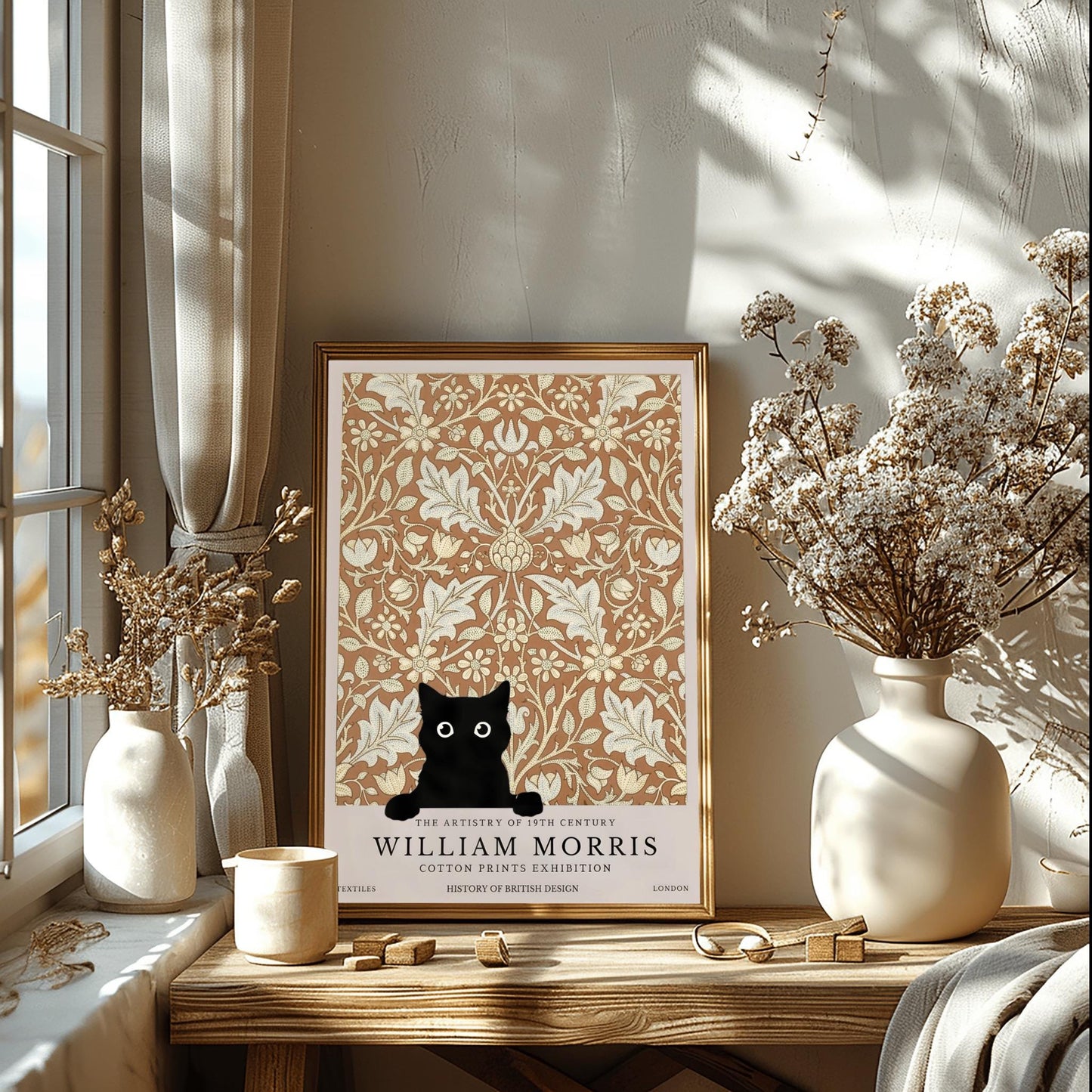William Morris Cat Print: Arts & Crafts Floral Poster, Black Cat Art