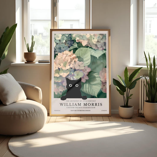 William Morris Cat Poster: Hydrangea Floral Arts & Crafts Print