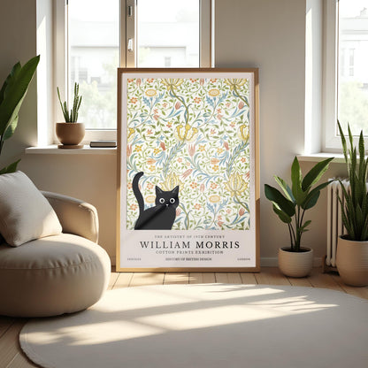 William Morris Cat Print: Retro Floral Arts & Crafts Poster