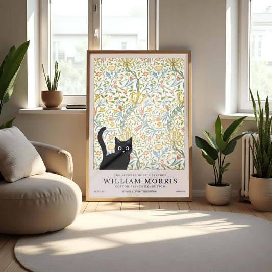 William Morris Cat Print: Retro Floral Arts & Crafts Poster