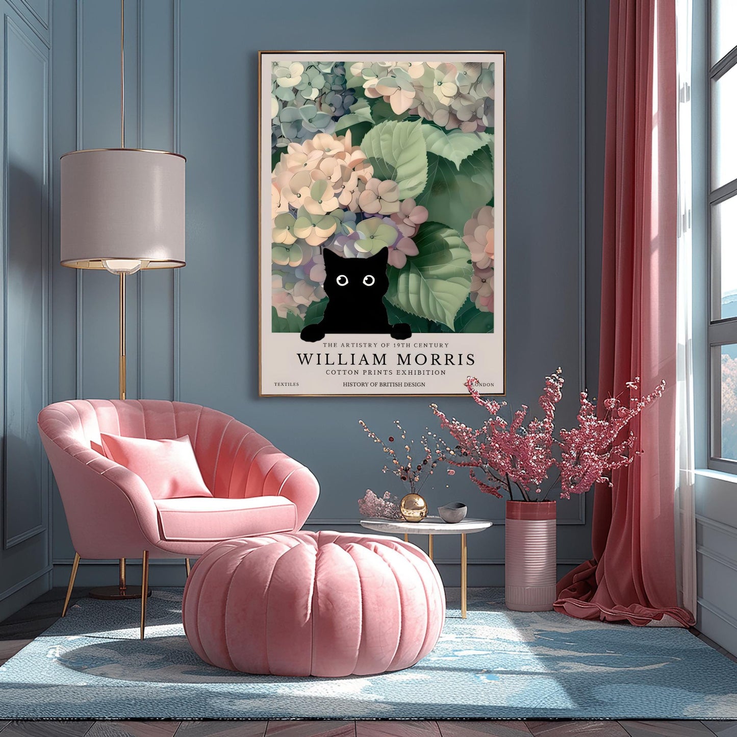 William Morris Cat Poster: Hydrangea Floral Arts & Crafts Print