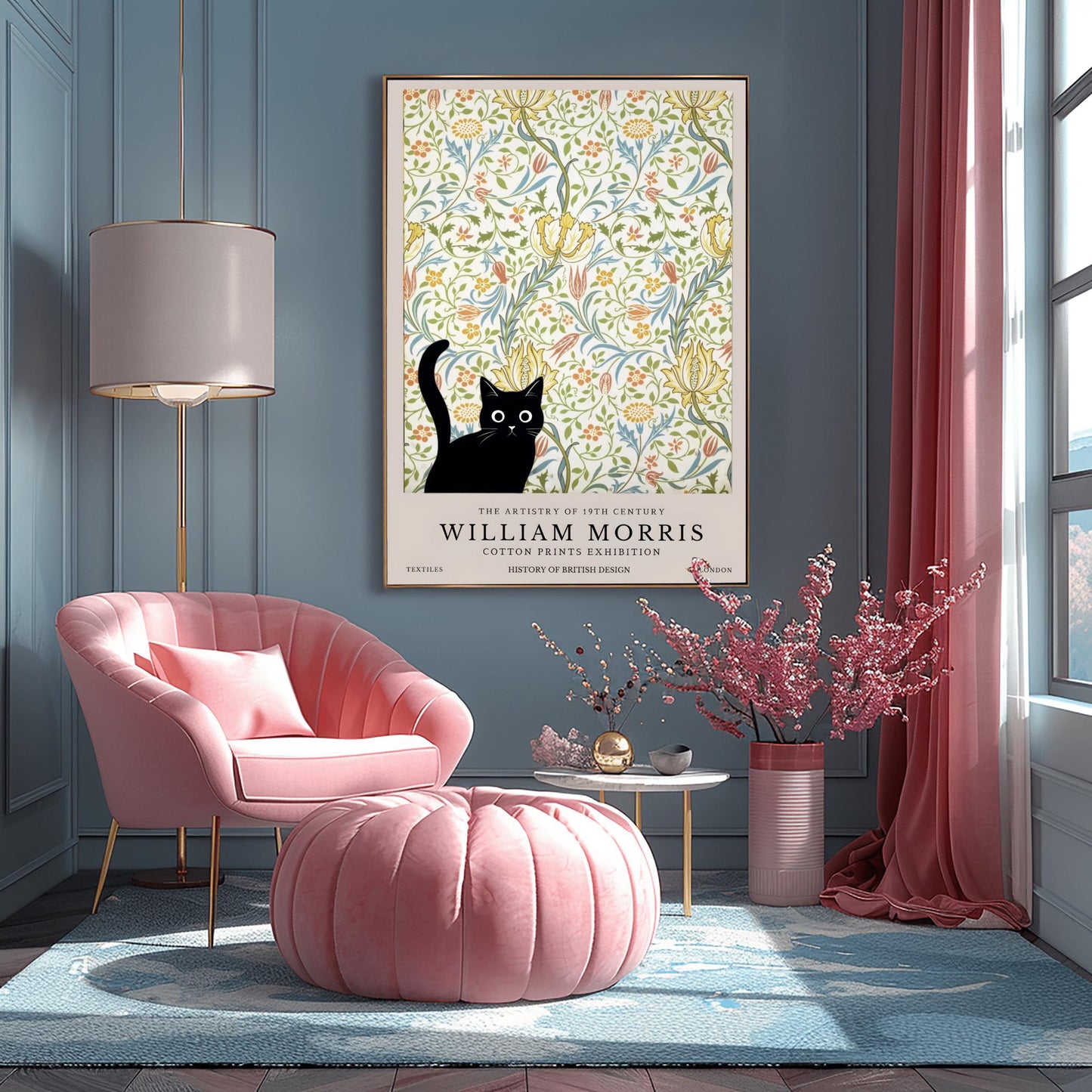 William Morris Cat Print: Retro Floral Arts & Crafts Poster