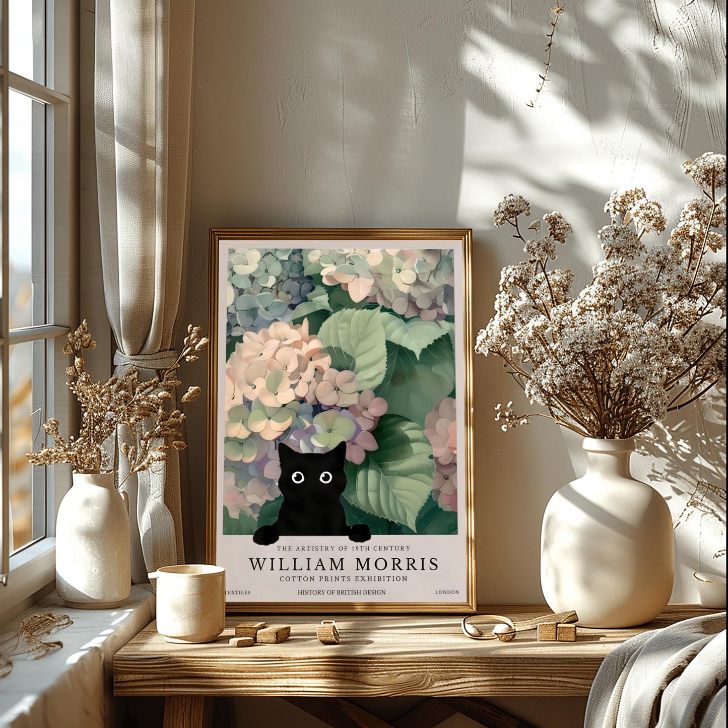 William Morris Cat Poster: Hydrangea Floral Arts & Crafts Print