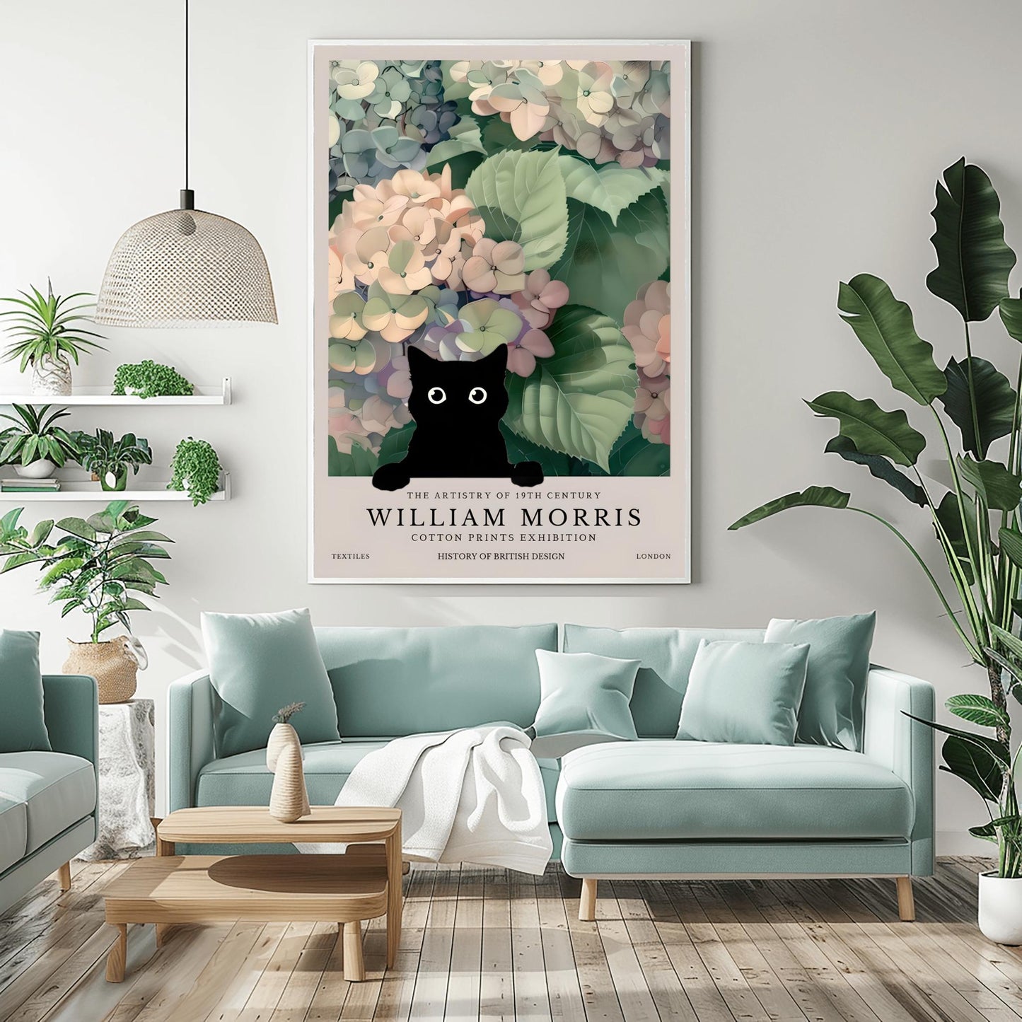 William Morris Cat Poster: Hydrangea Floral Arts & Crafts Print