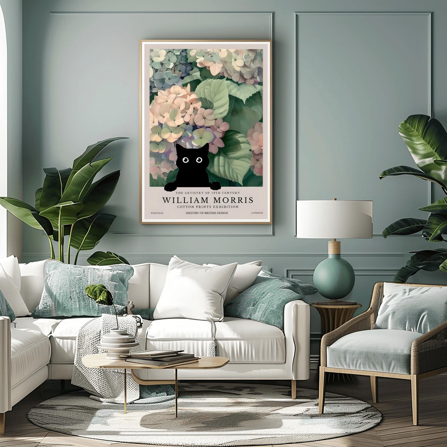 William Morris Cat Poster: Hydrangea Floral Arts & Crafts Print