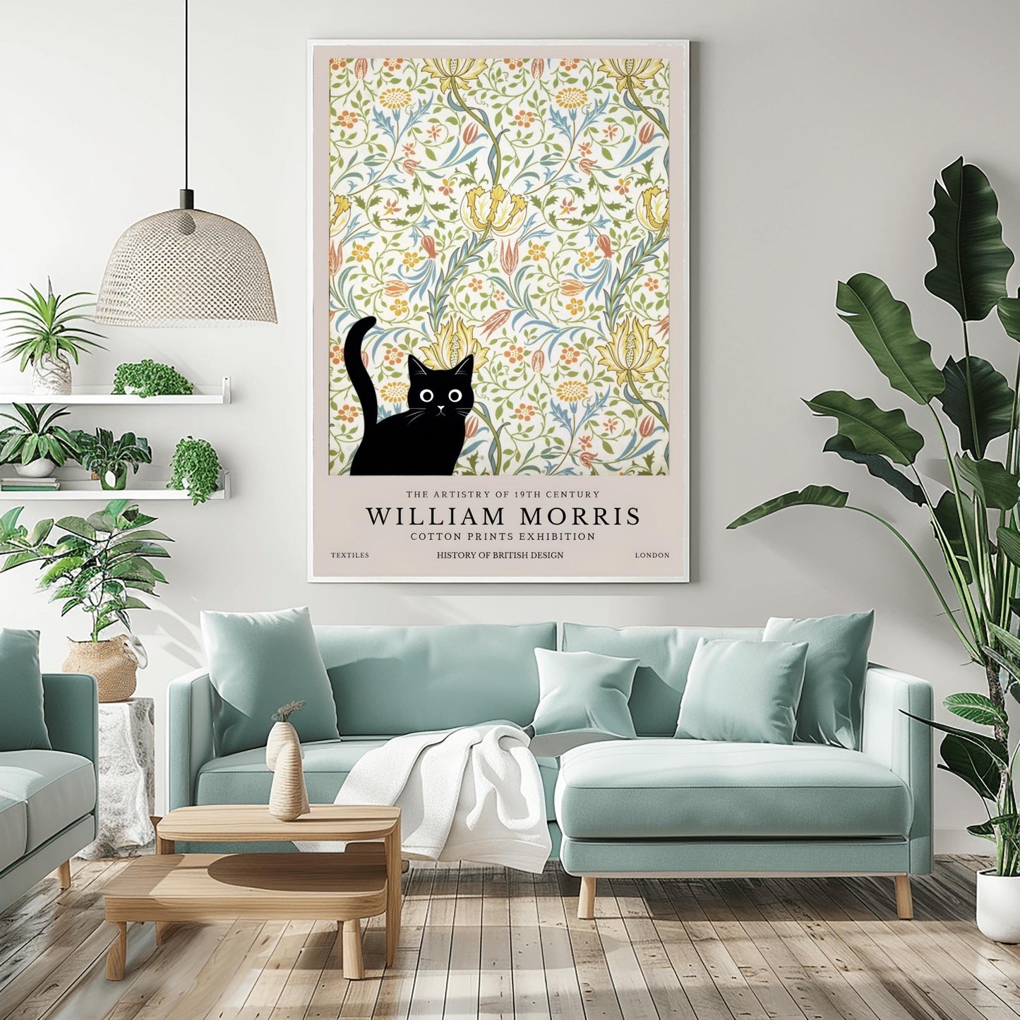 William Morris Cat Print: Retro Floral Arts & Crafts Poster