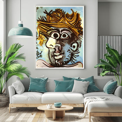Picasso Print: Cubist Head of a Man in Straw Hat, Modern Art Poster