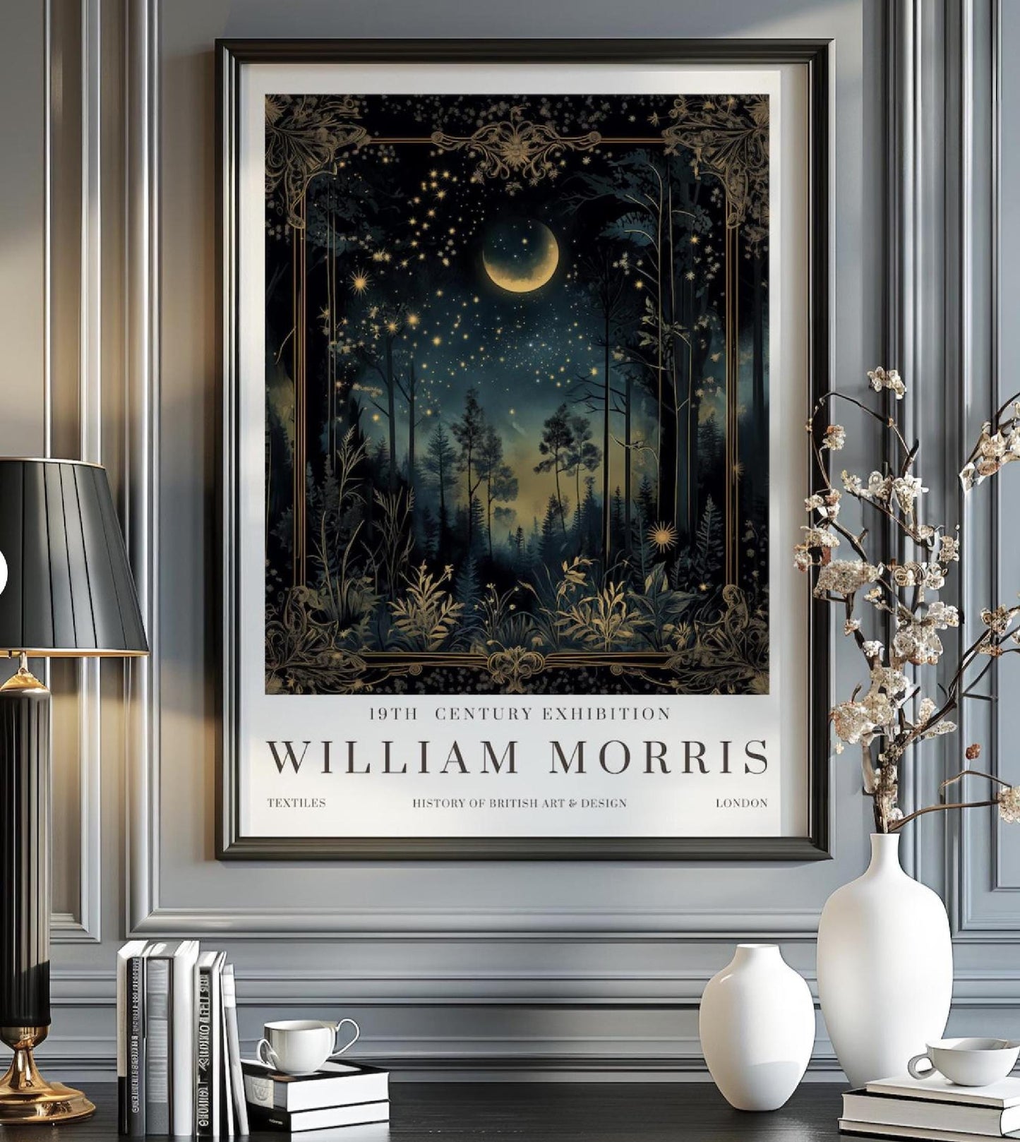 William Morris Moon & Stars Print: Vintage Botanical Art Nouveau Poster