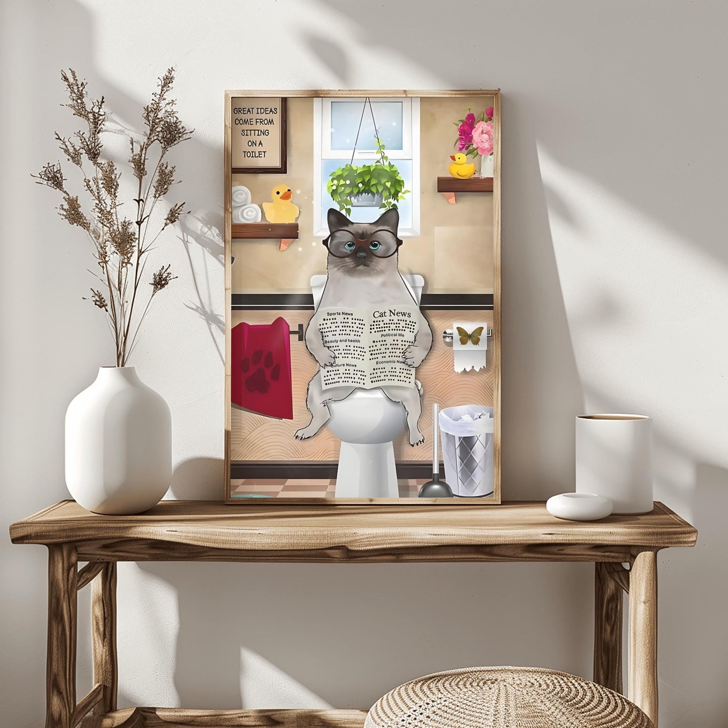 Funny Siamese Cat Art Print: Quirky Bathroom Decor for Cat Lovers