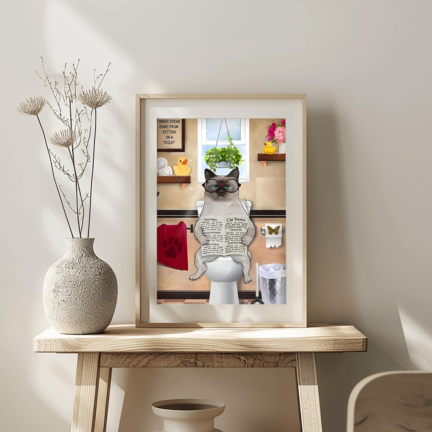 Funny Siamese Cat Art Print: Quirky Bathroom Decor for Cat Lovers