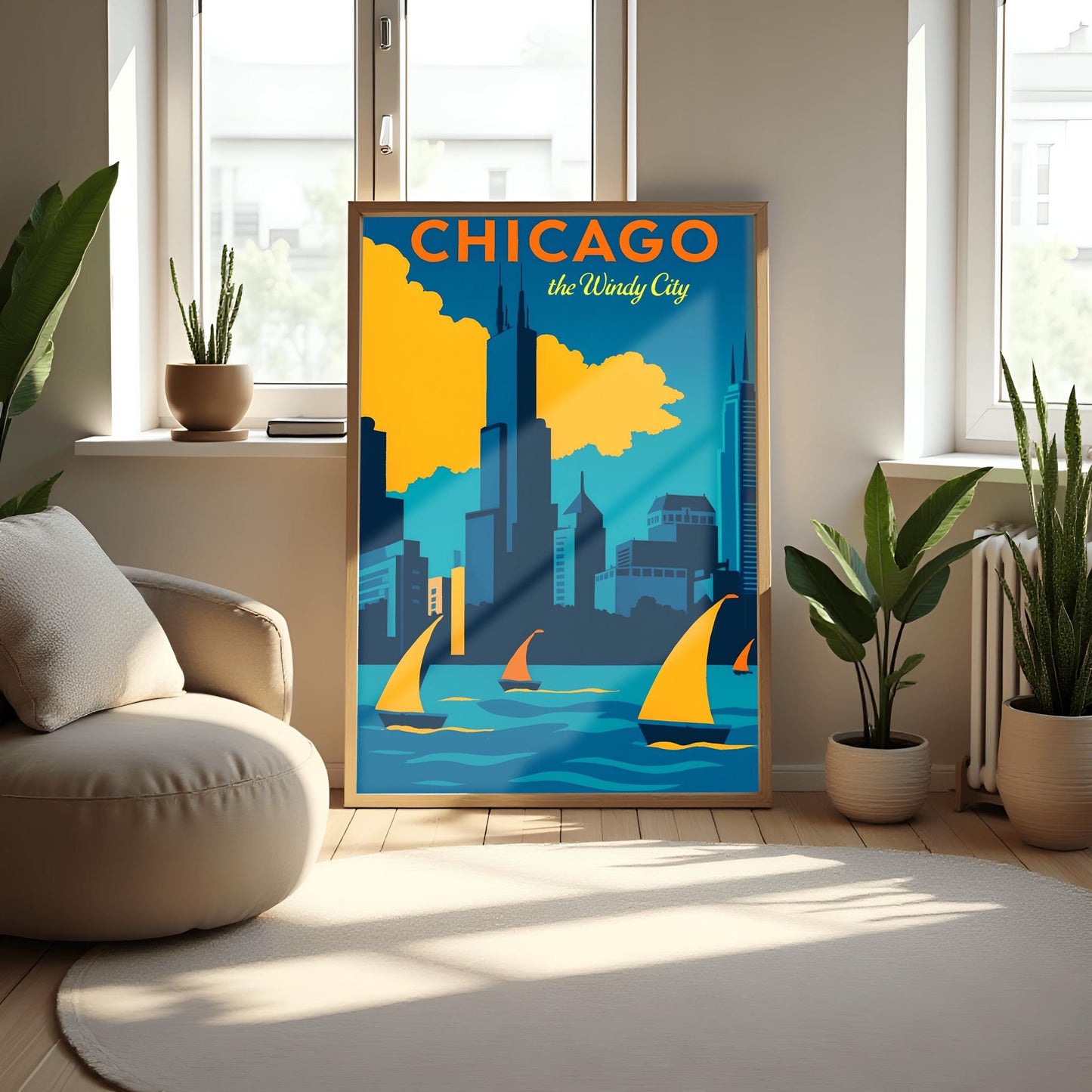 Chicago Poster Vintage Skyline Print: Windy City Sailboat Lake Michigan Art