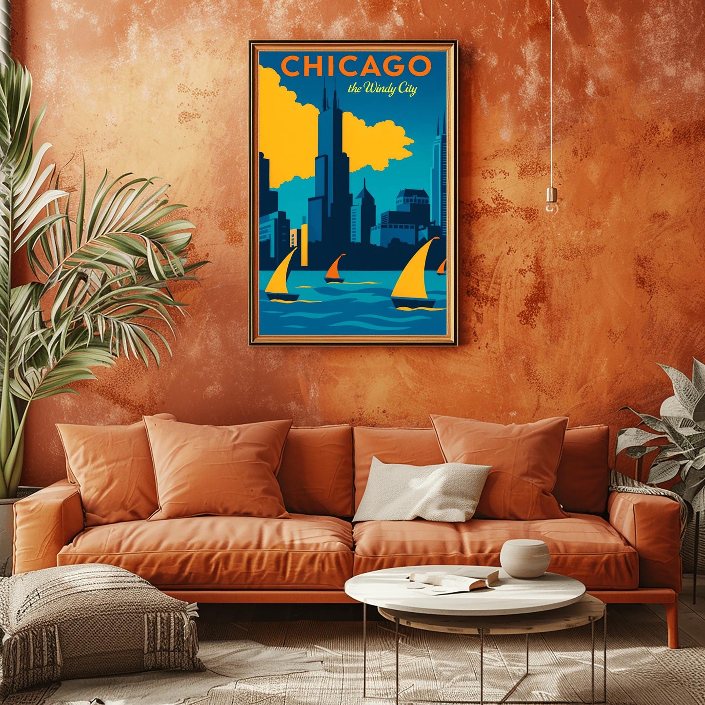 Chicago Poster Vintage Skyline Print: Windy City Sailboat Lake Michigan Art