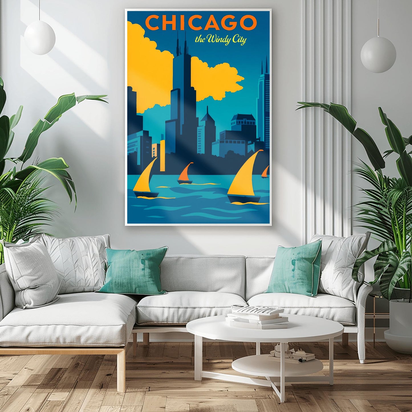 Chicago Poster Vintage Skyline Print: Windy City Sailboat Lake Michigan Art