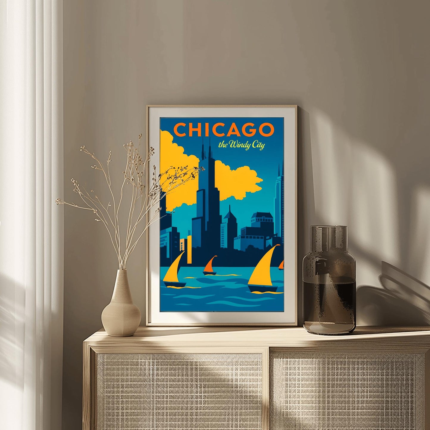 Chicago Poster Vintage Skyline Print: Windy City Sailboat Lake Michigan Art