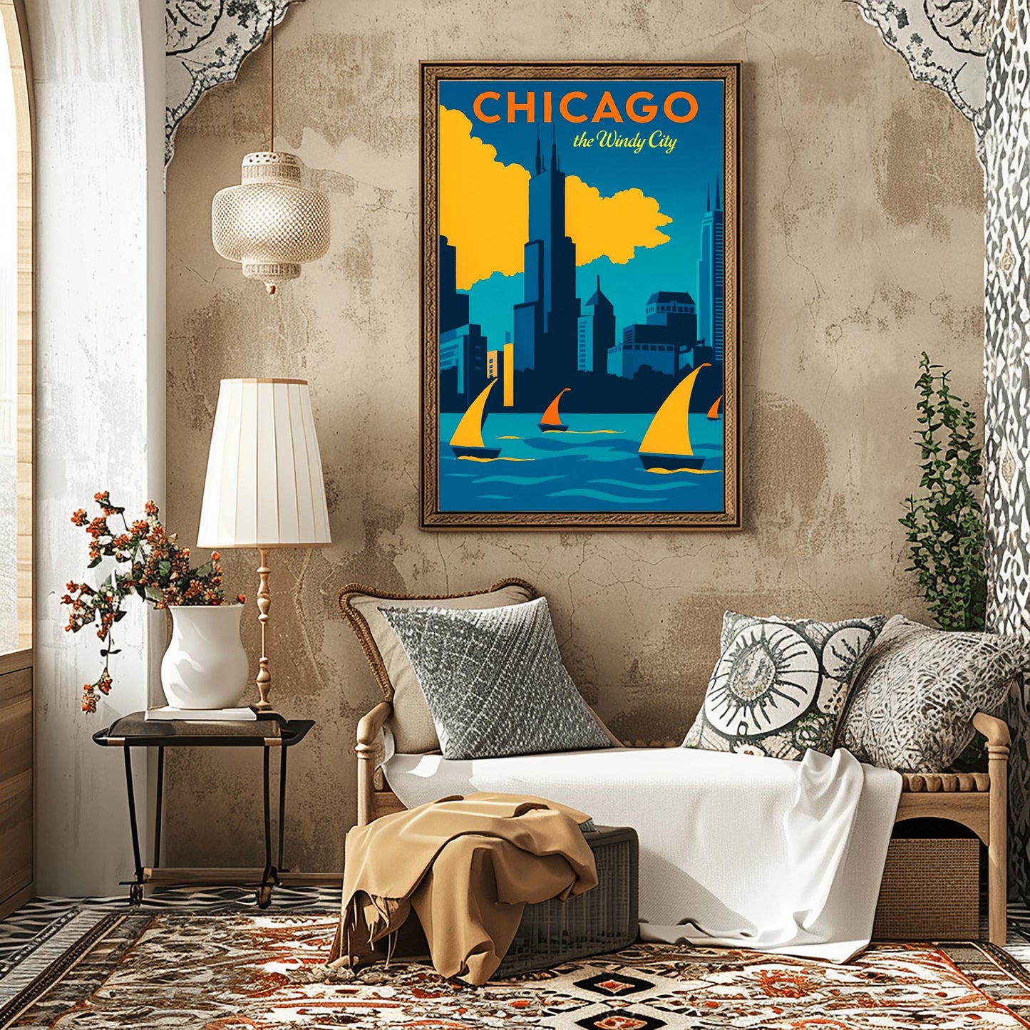 Chicago Poster Vintage Skyline Print: Windy City Sailboat Lake Michigan Art
