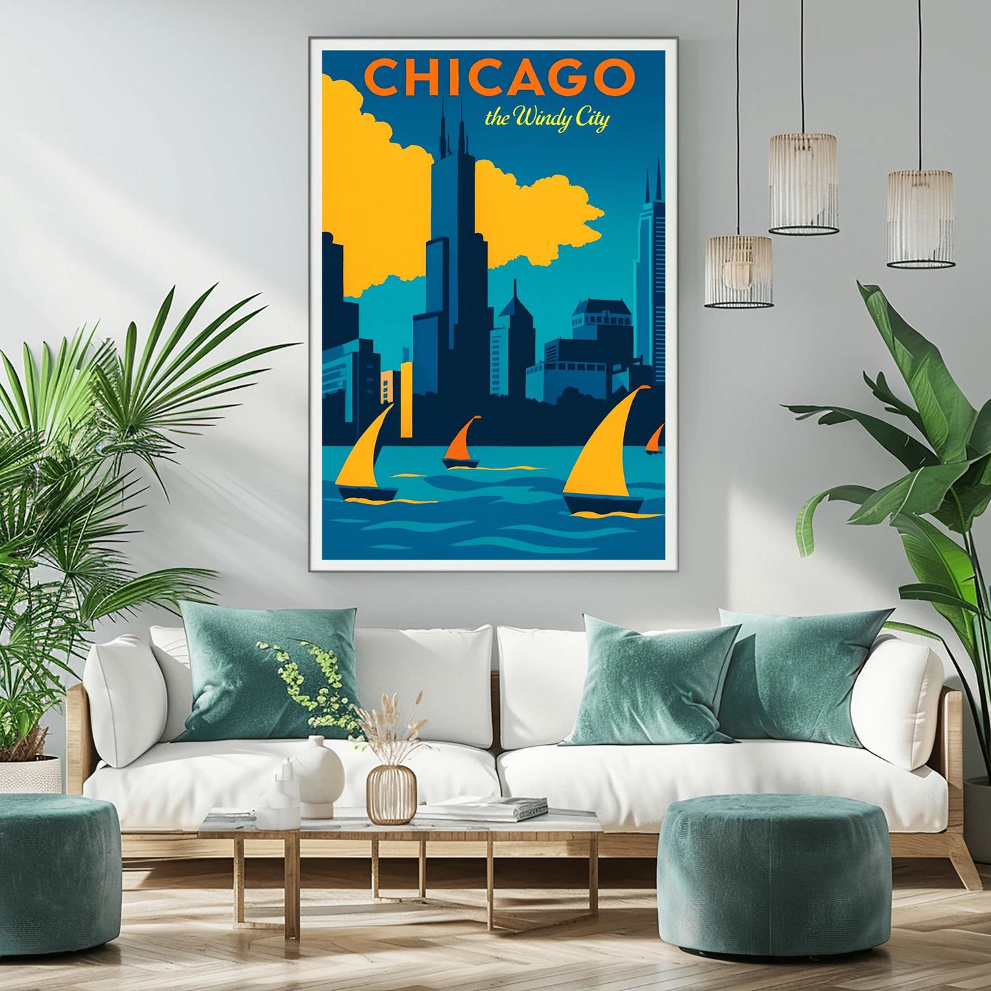 Chicago Poster Vintage Skyline Print: Windy City Sailboat Lake Michigan Art