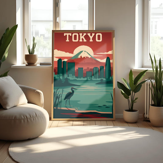 Vintage Tokyo Travel Poster: Mount Fuji & Heron - Retro Japan Wall Art