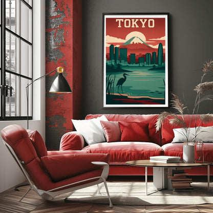Vintage Tokyo Travel Poster: Mount Fuji & Heron - Retro Japan Wall Art