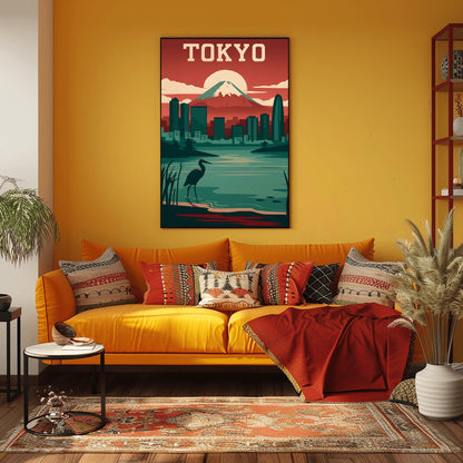 Vintage Tokyo Travel Poster: Mount Fuji & Heron - Retro Japan Wall Art