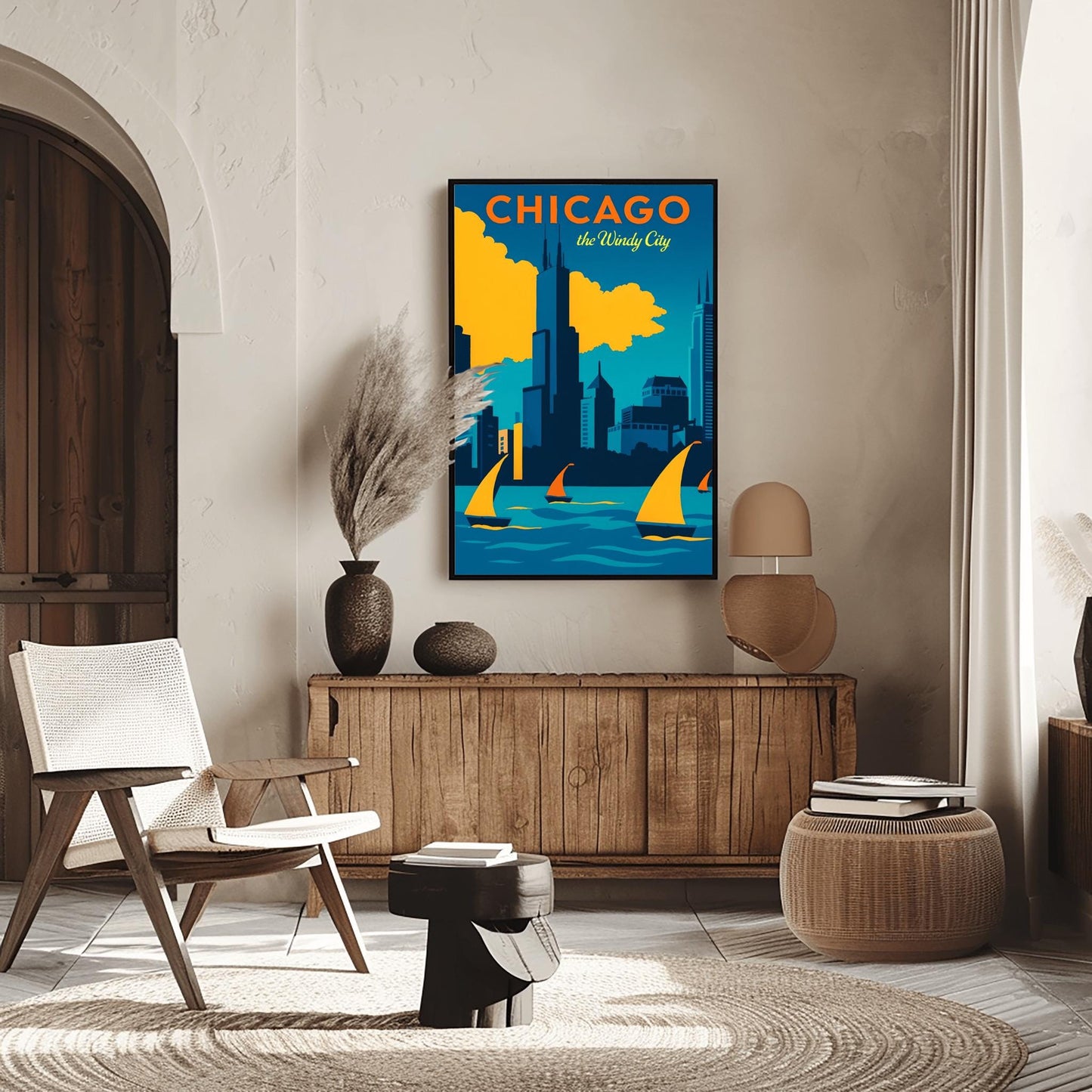 Chicago Poster Vintage Skyline Print: Windy City Sailboat Lake Michigan Art